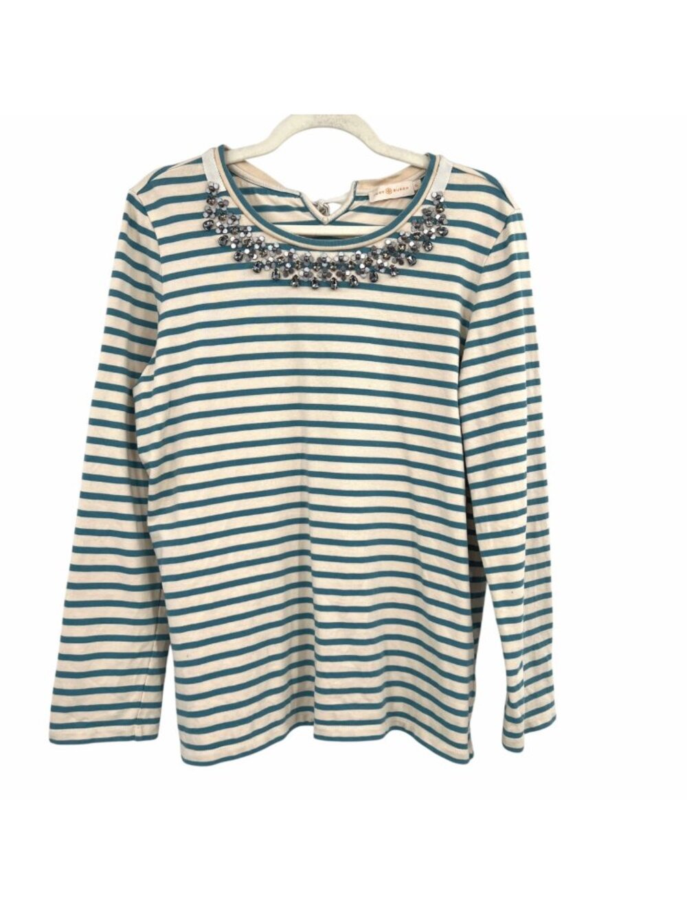 Tory Burch Silver Beaded Embellished Collar Striped Nautical Cotton Top Size XL